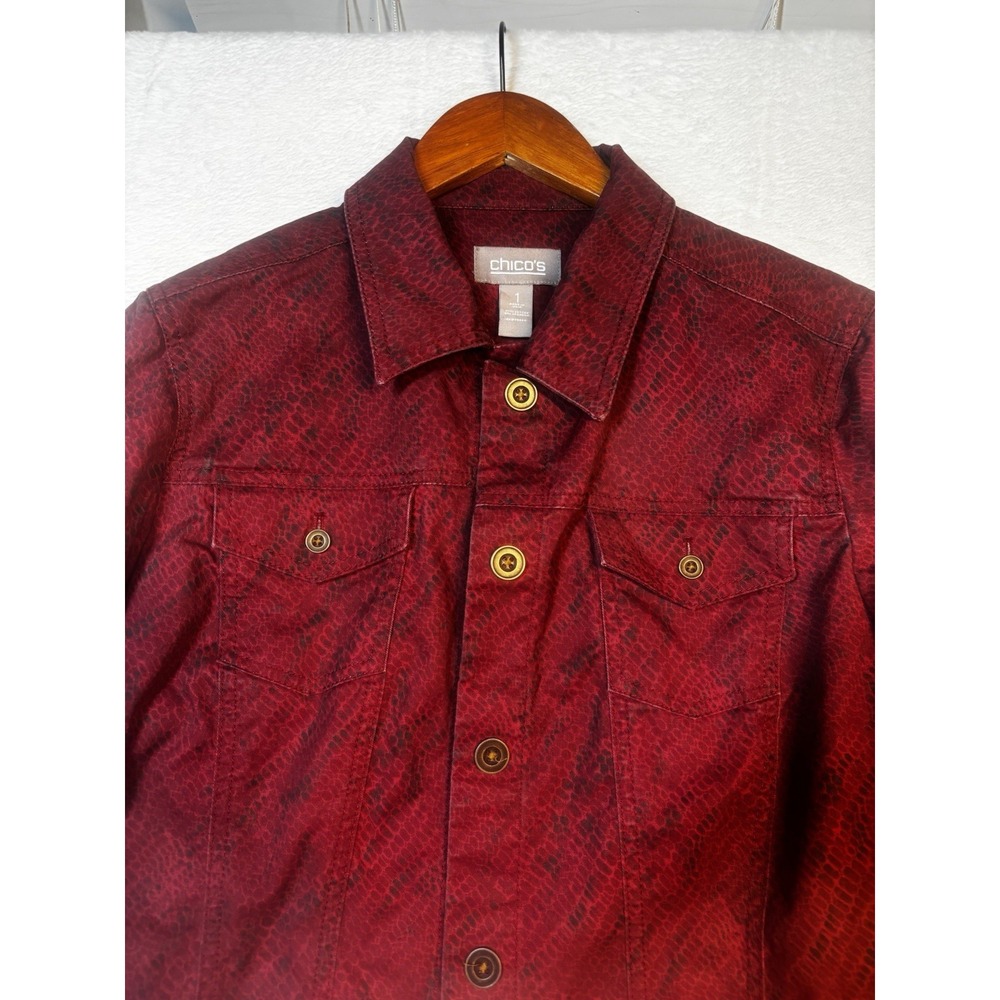 Chicos Womens Jacket Red Maroon Button Up Snake Skin Print Medium